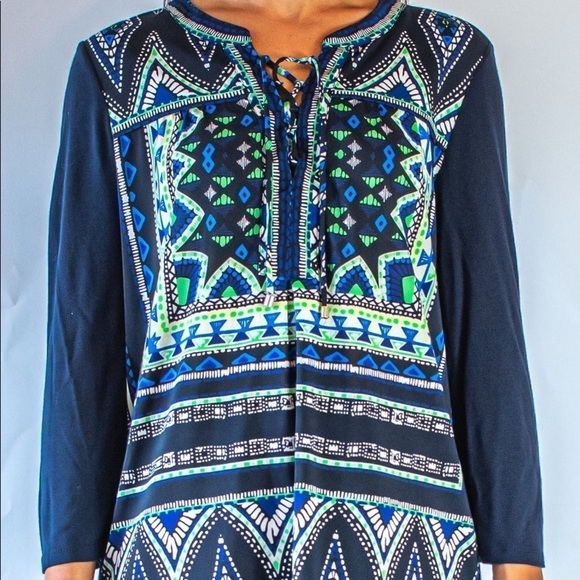 Tribal Navy blue Ink Print Lace Up Long Sleeve blouse Size M - Picture 1 of 15